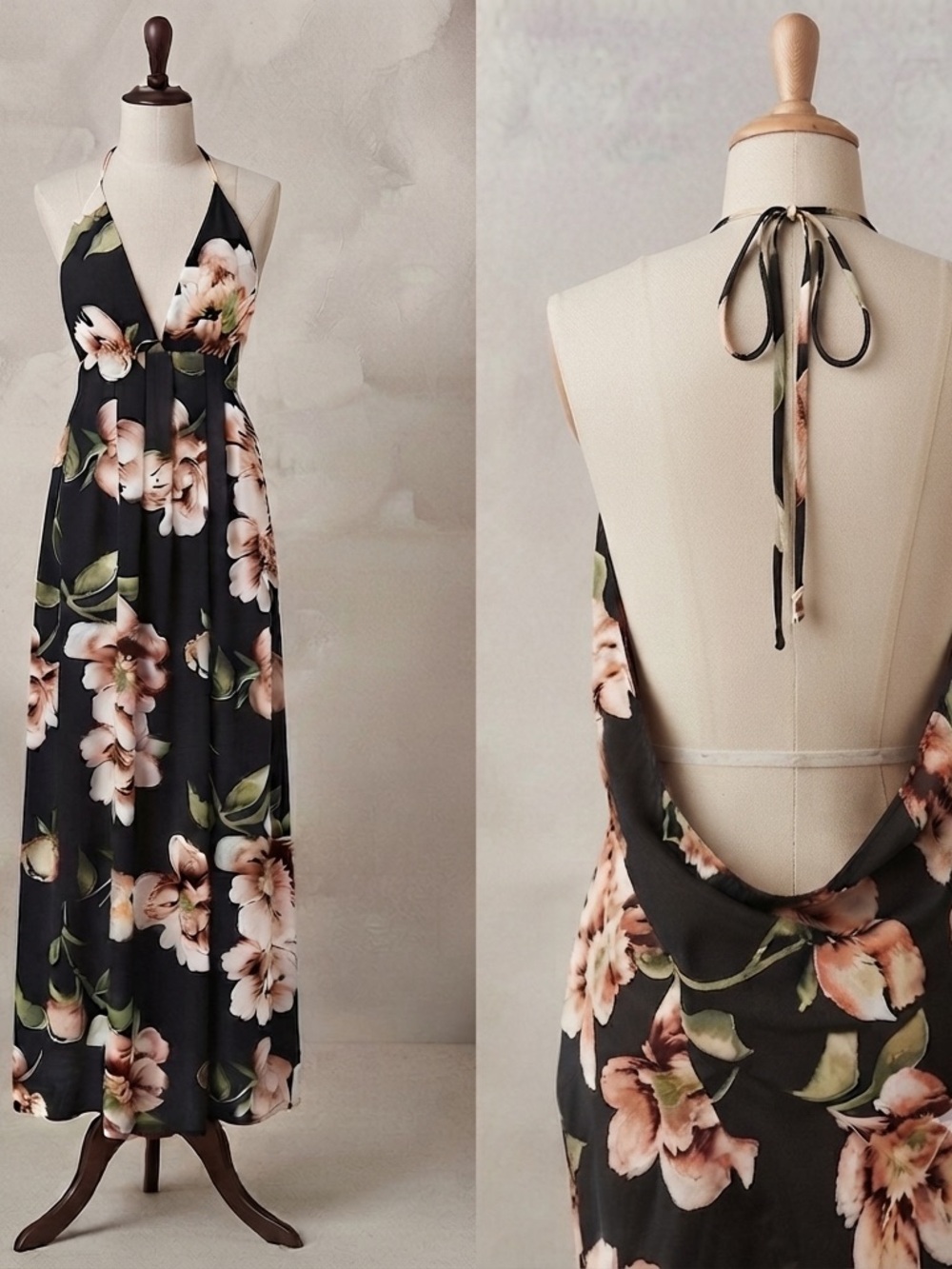 Elegant Backless Floral Halter Maxi Dress